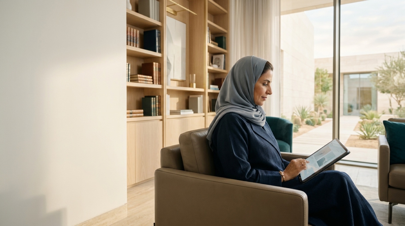 Woman reading patient-education health information on a tablet in a calm sunlit library lounge