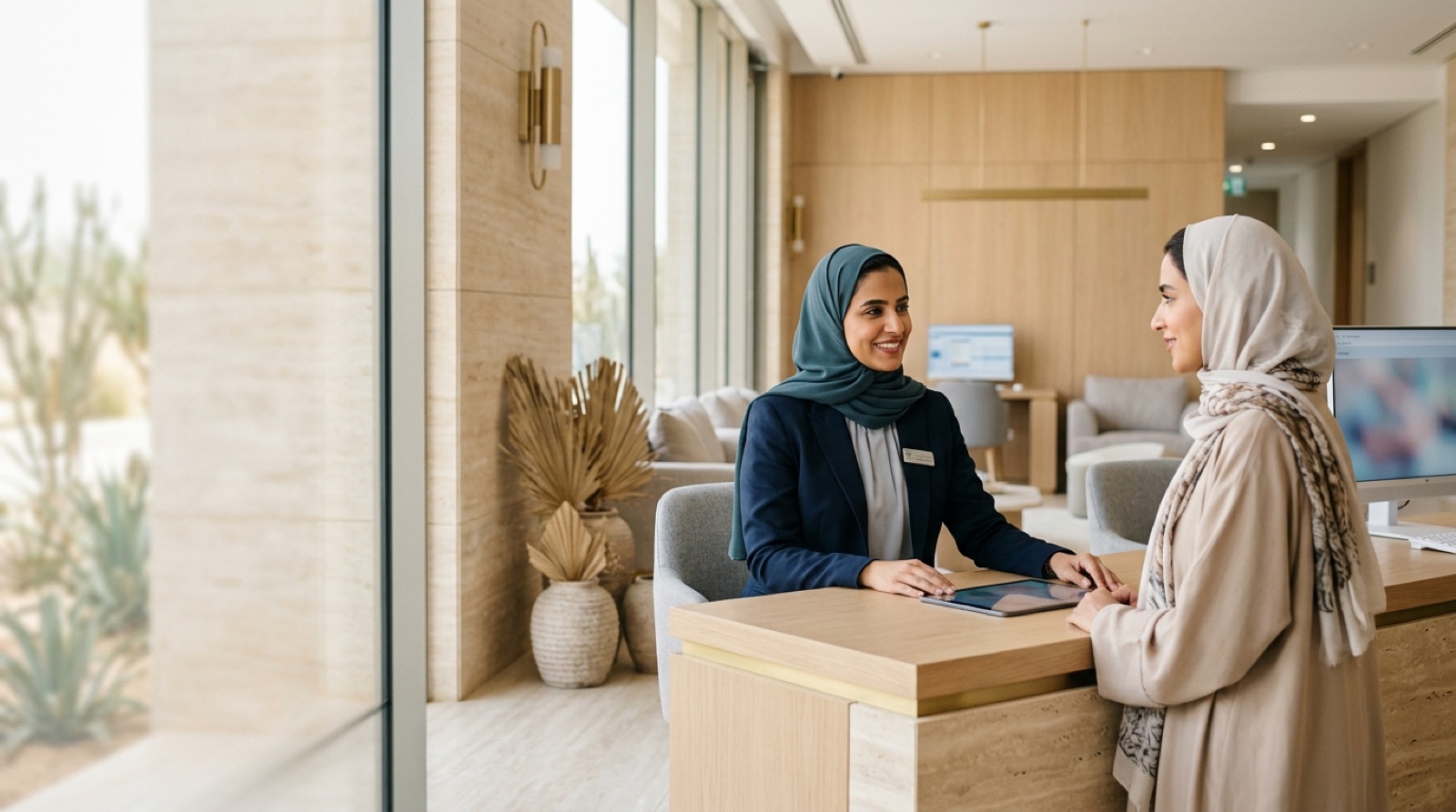 Patient welcomed by a receptionist in a luxurious modern clinic reception of warm stone and navy
