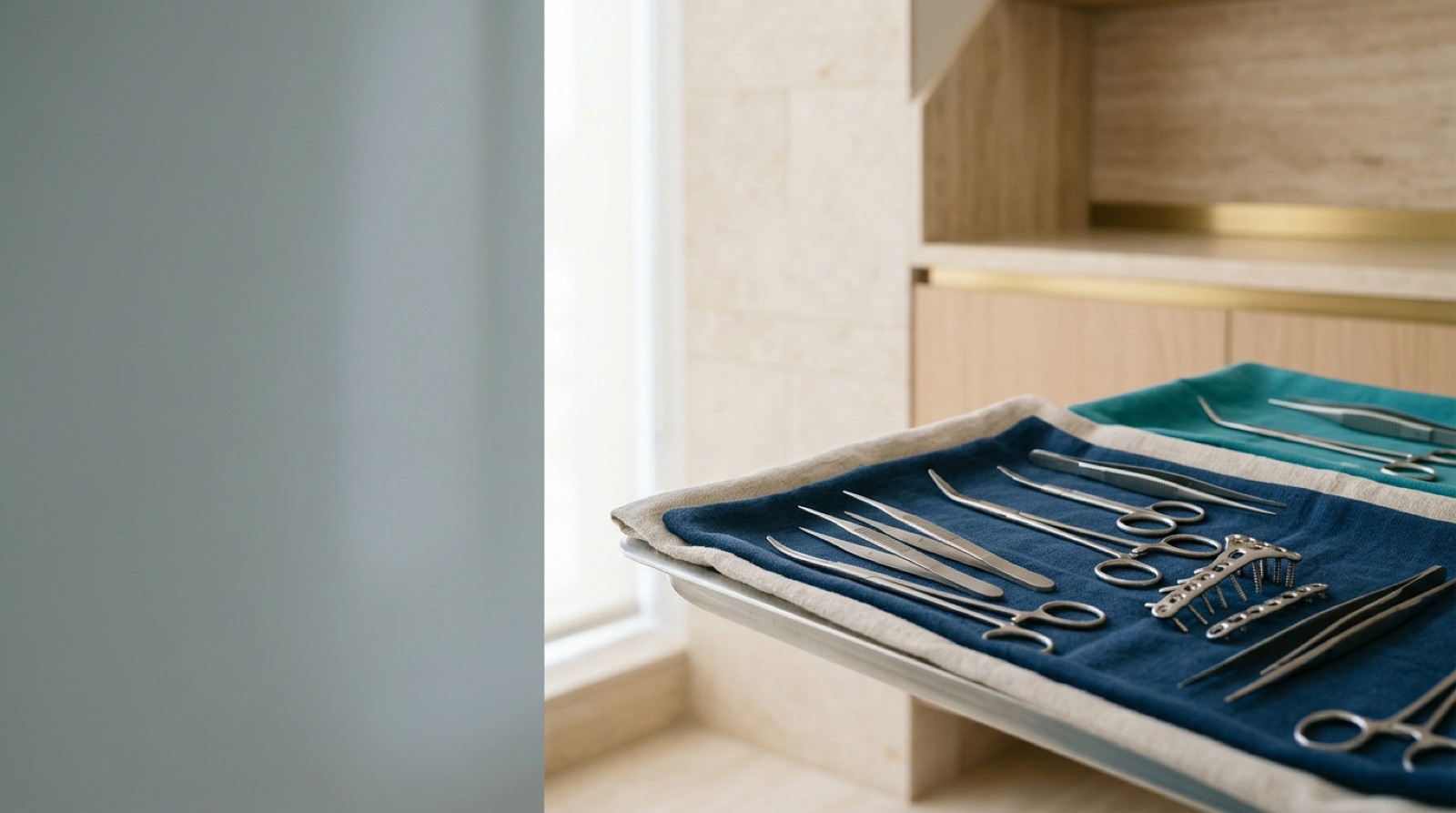 Microsurgical hand and wrist instruments arranged on a sterile tray under warm light