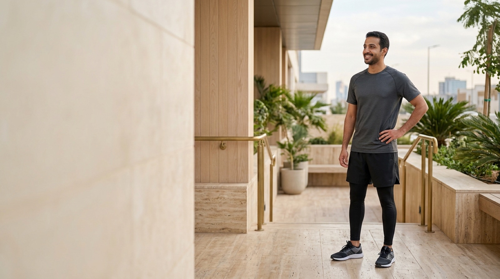 Fit young man in athletic wear standing confidently on a sunlit sports terrace