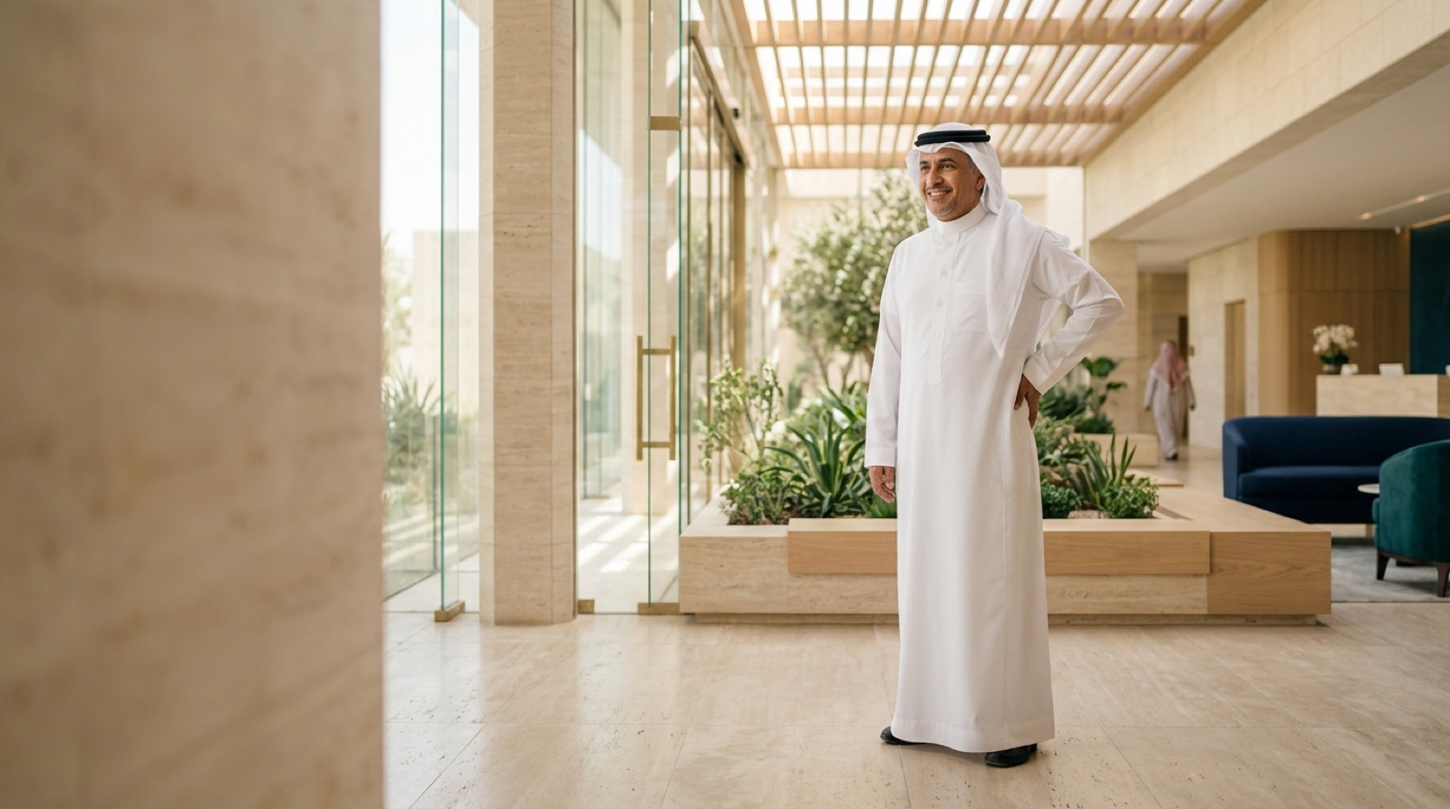 Man standing comfortably and free of back pain in a sunlit clinic garden atrium