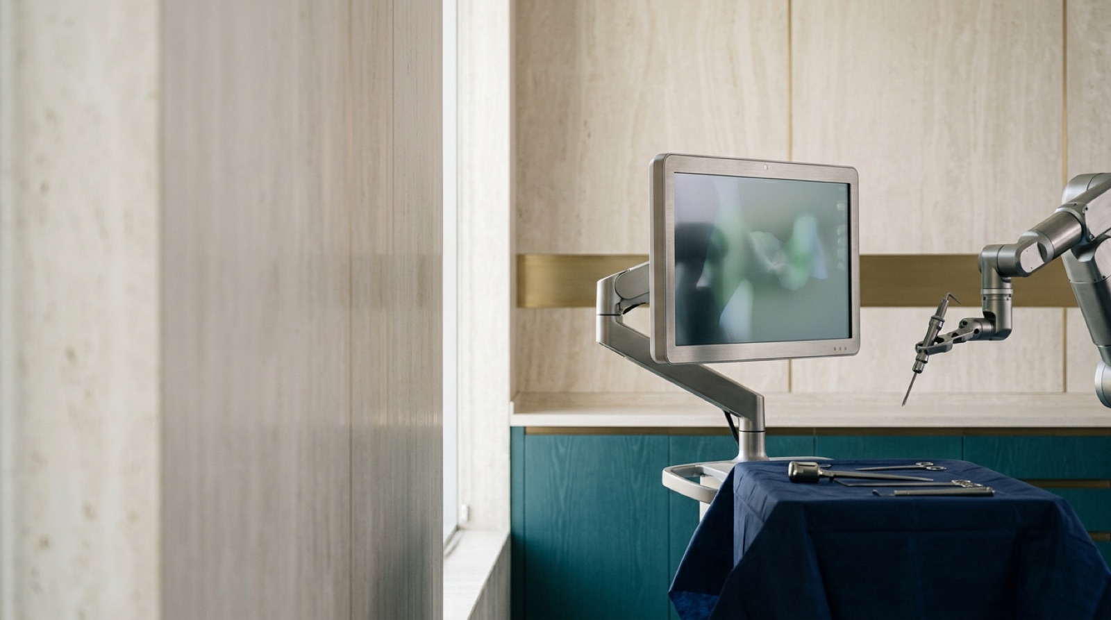 Advanced orthopaedic operating theatre with surgical navigation equipment for spinal fixation