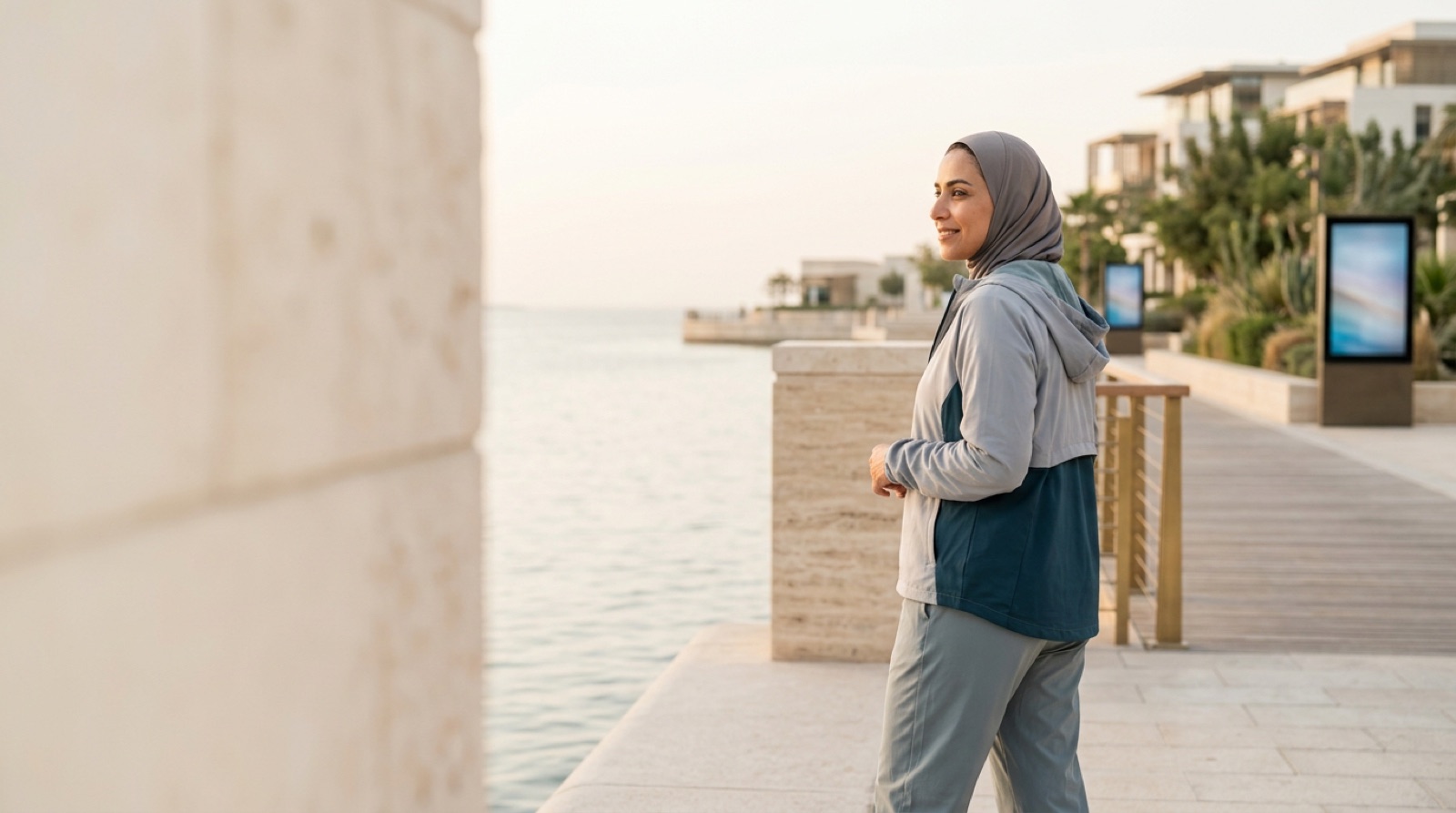 Active woman jogger pausing comfortably on a waterfront promenade at golden hour