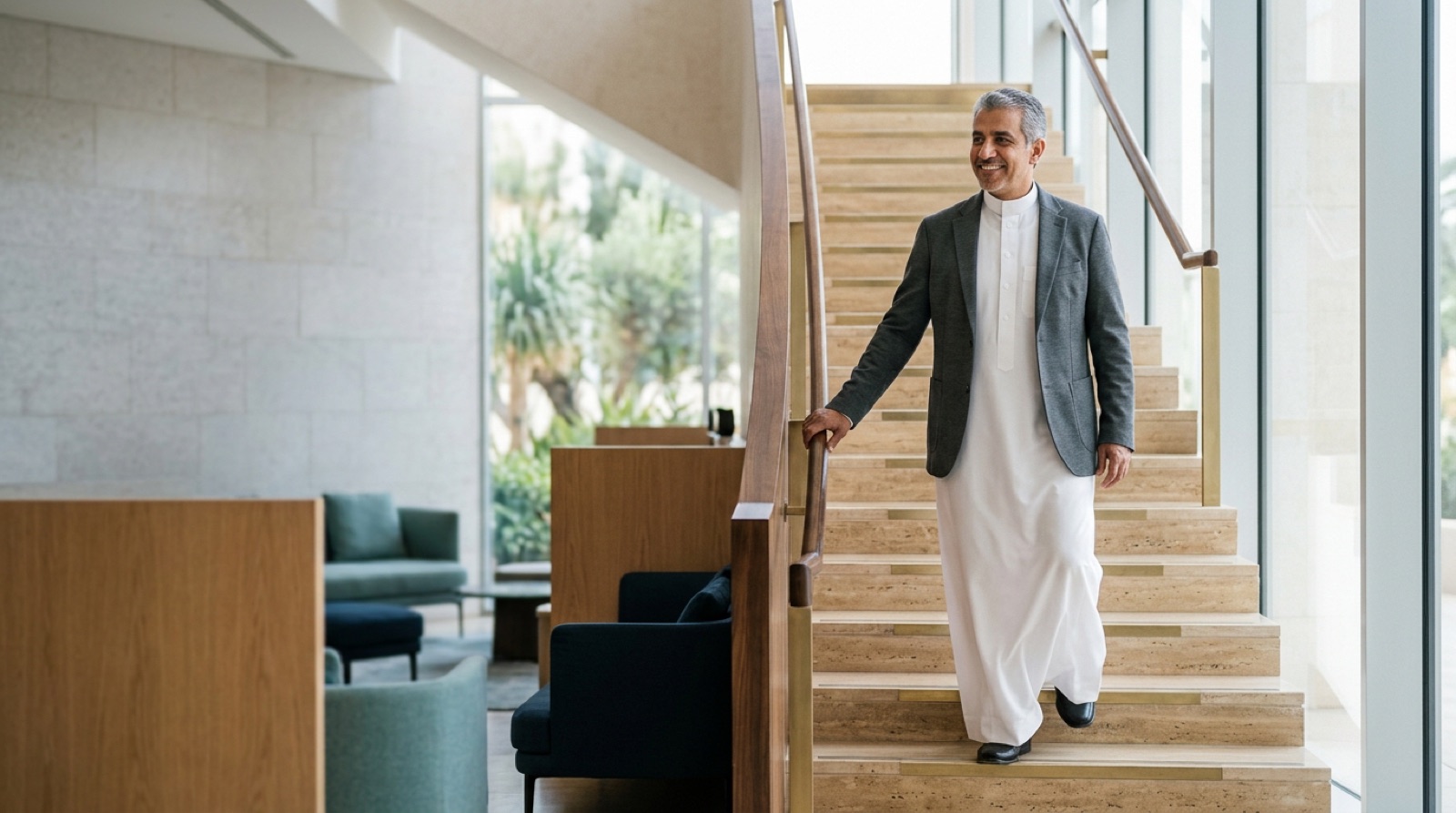 Adult walking easily down a sunlit staircase, moving without sciatic pain