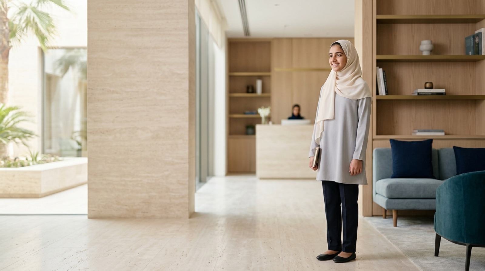 Poised teenage girl standing tall with good posture in a bright modern interior