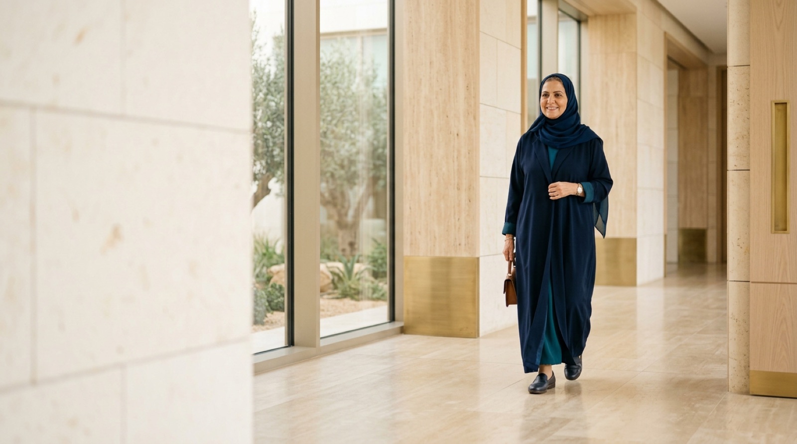Active older woman walking confidently along a sunlit stone colonnade
