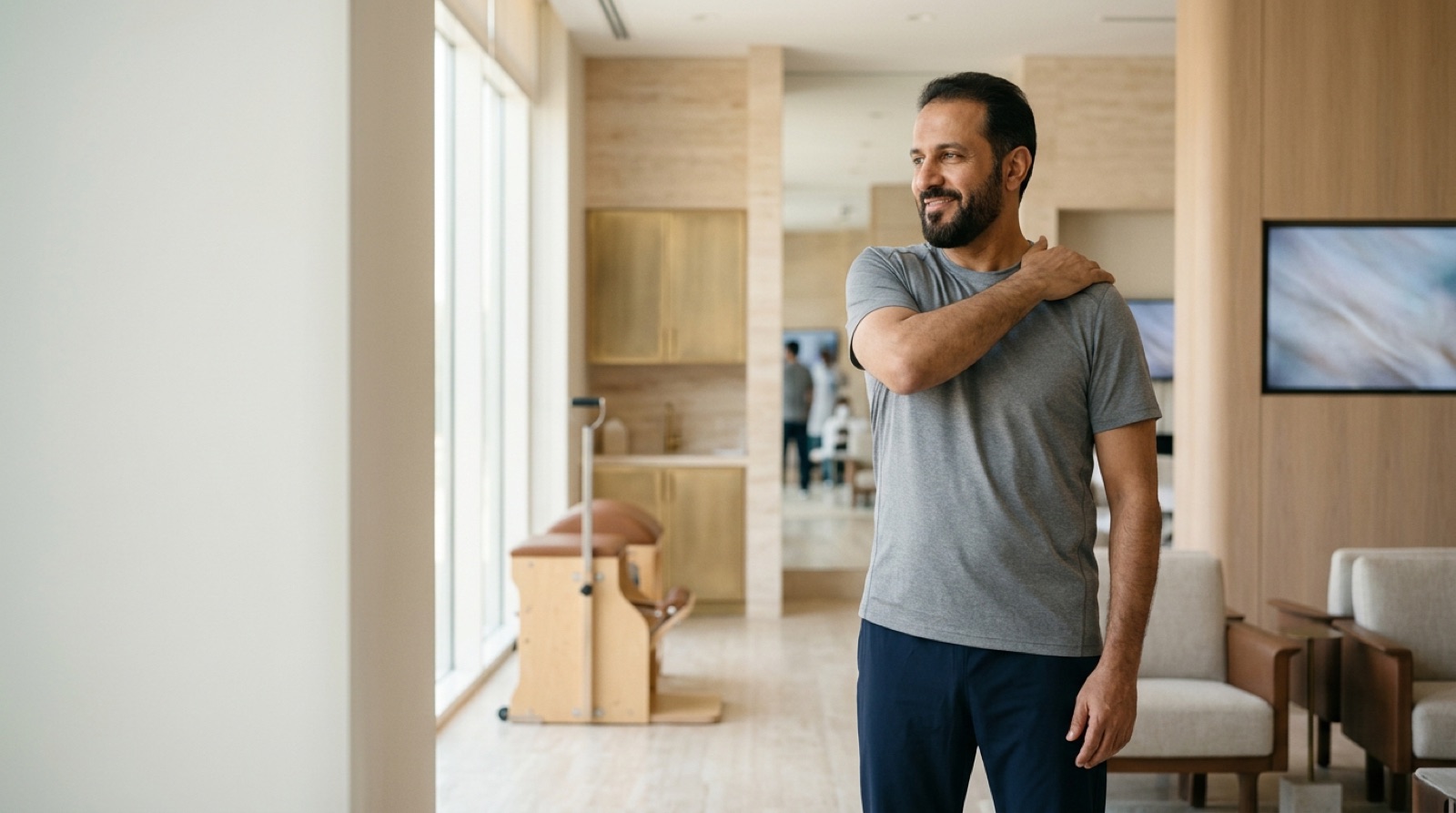 Man easing his shoulder through a gentle warm-up in a light-filled studio