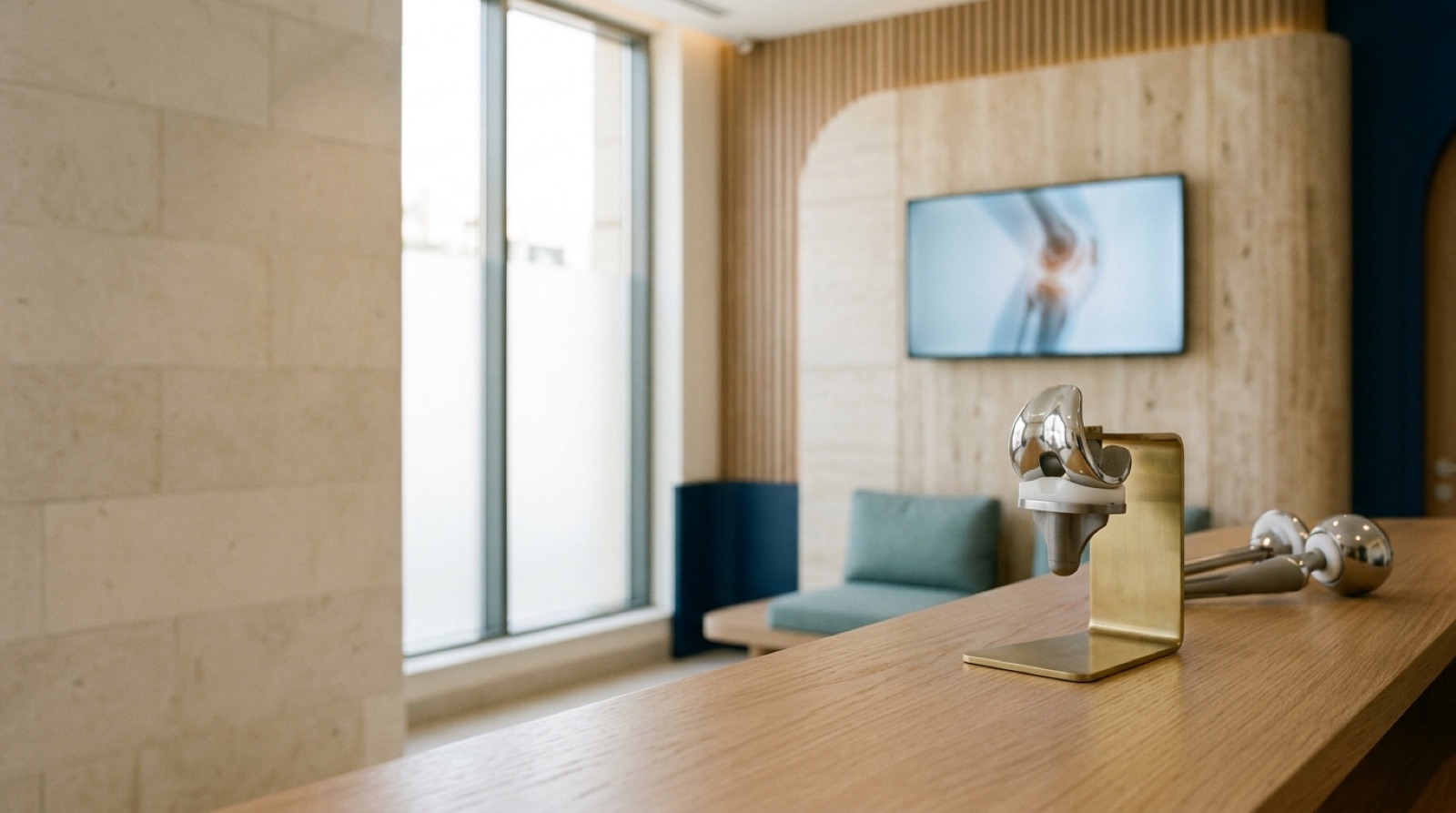 Titanium knee and hip replacement implants displayed in a modern orthopaedic clinic
