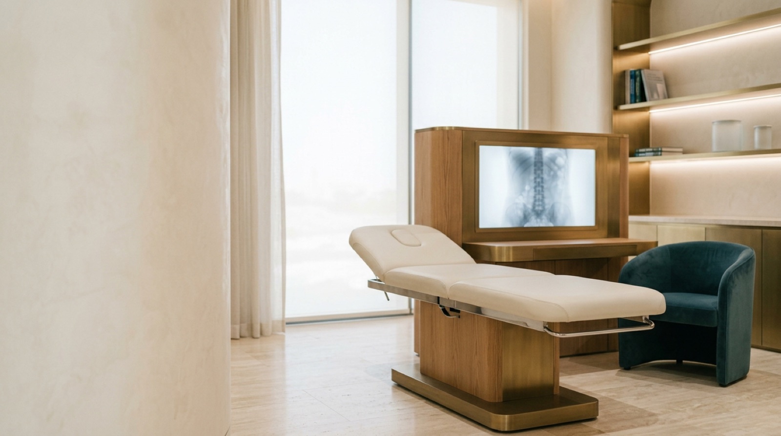 Modern spine-care diagnostic suite with an examination table and a spinal imaging display