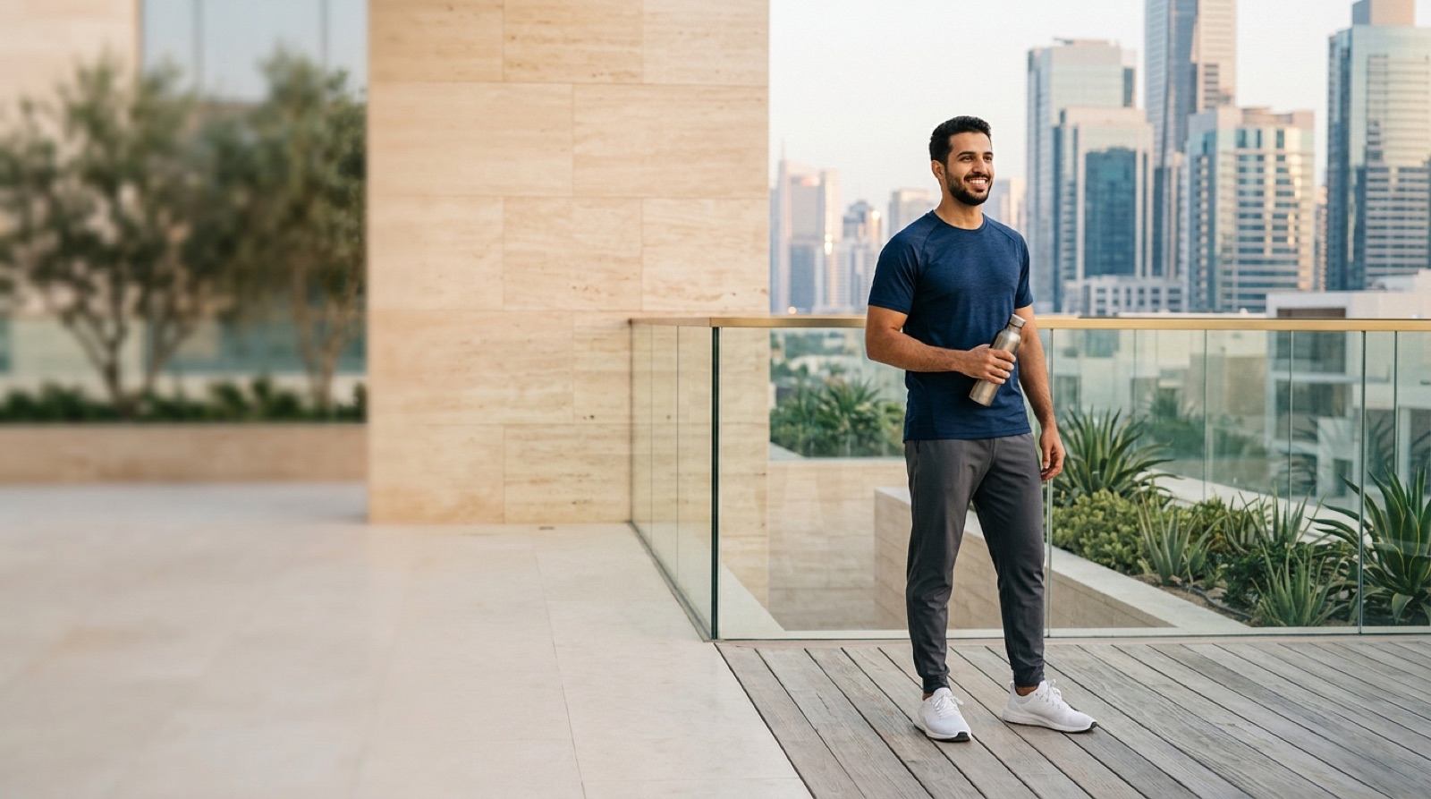 Fit young man in athletic wear on a sunlit sports terrace overlooking a modern city